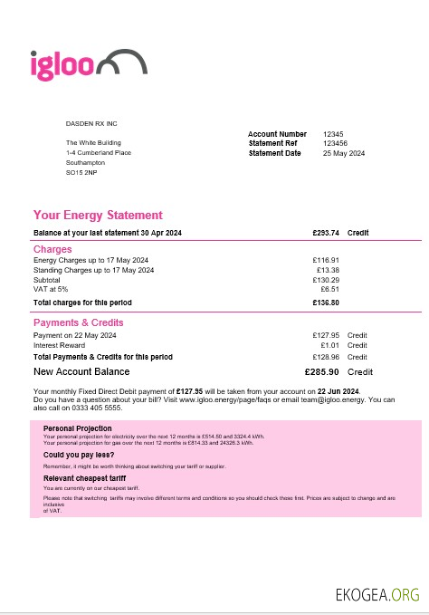 Modèle de facture de services publics d'entreprise d'Igloo Energy au Royaume Uni aux formats Word et PDF